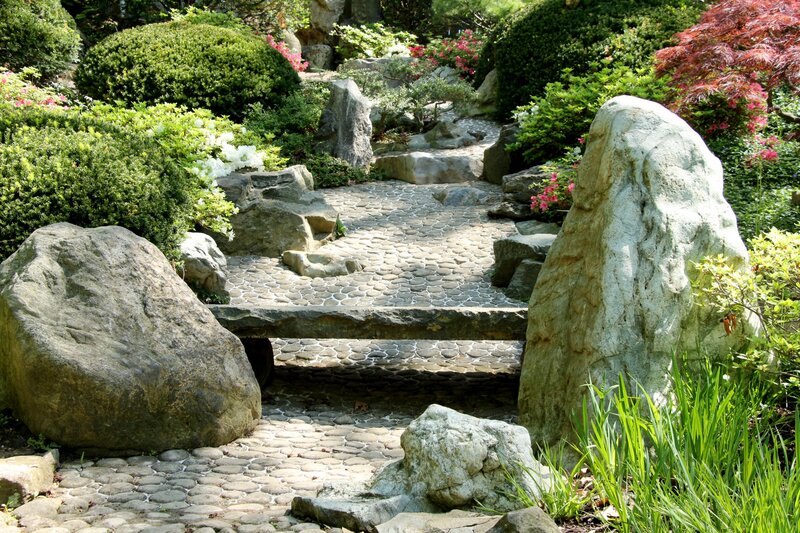 Stone Path in Garden — Green, Serene, Afternoon, Photograph, Rocks