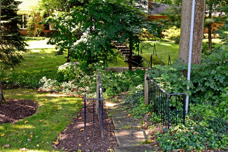 Stone Path in Garden — Green, Serene, Afternoon, Photograph, Trees, Fence