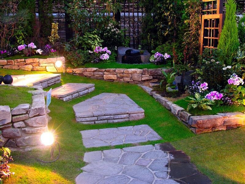 Stone Path in Garden — Green, Serene, Night, Photograph