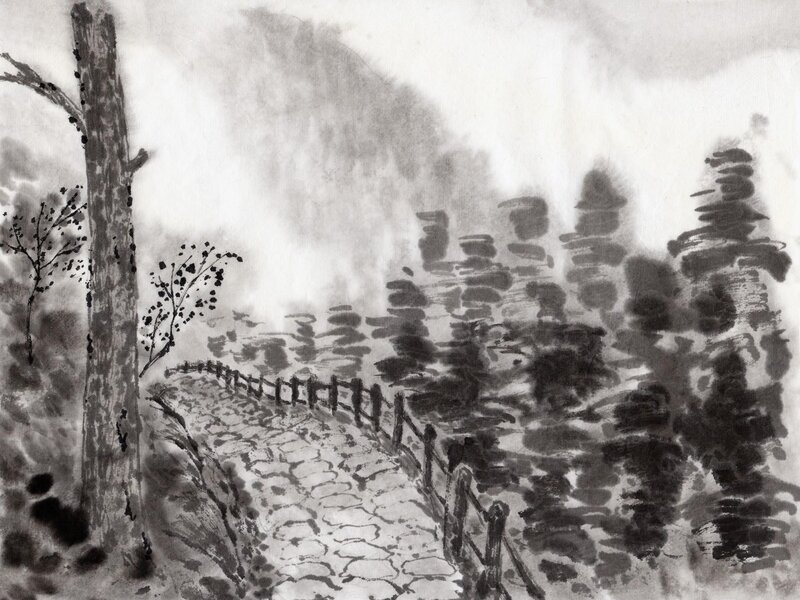 Stone Path in Misty Forest
