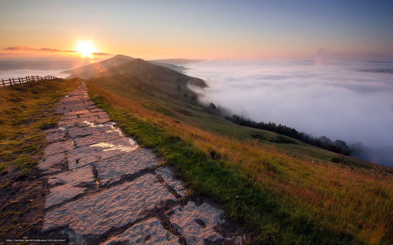 Stone Path on Hillside — Green, Serene, Sunrise, Photograph