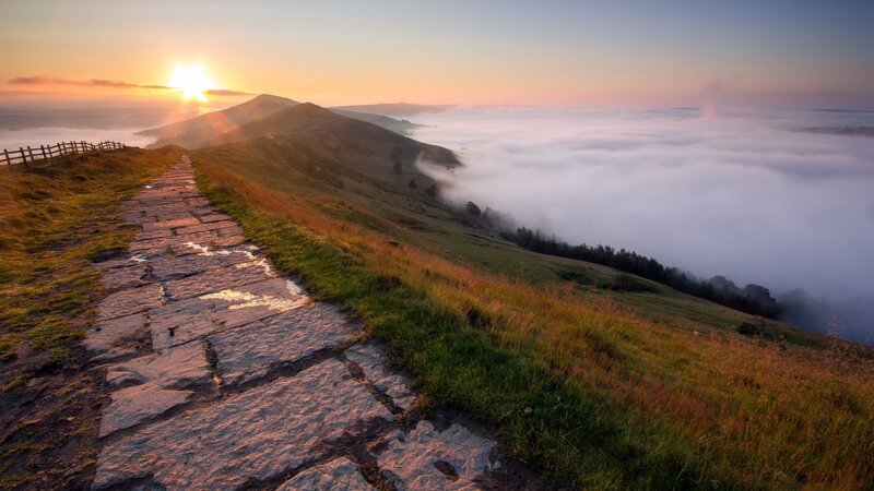 Stone Path on Hillside — Green, Serene, Sunrise