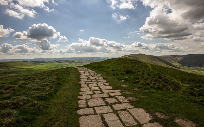 Stone Path on Hillside — Green, Serene