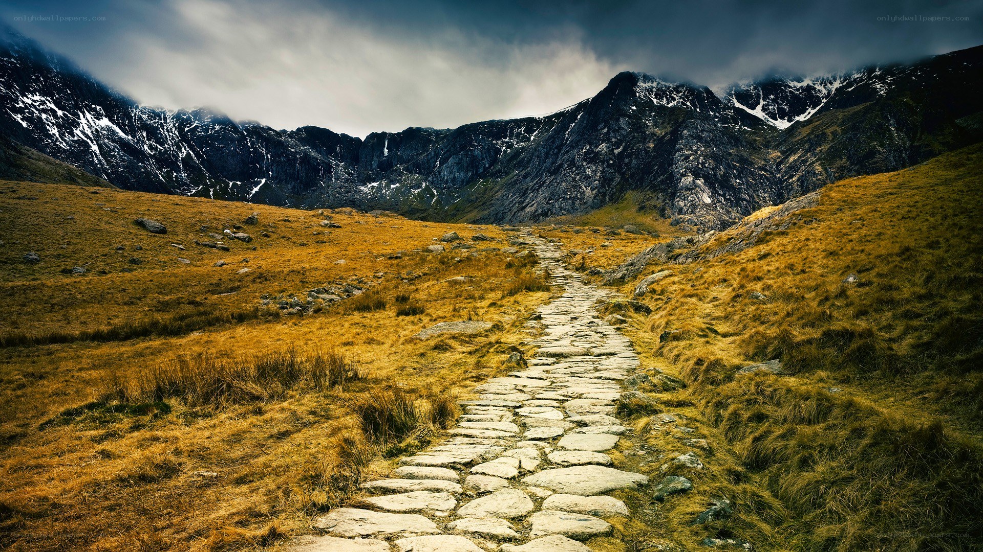 Stone path through mountain valley