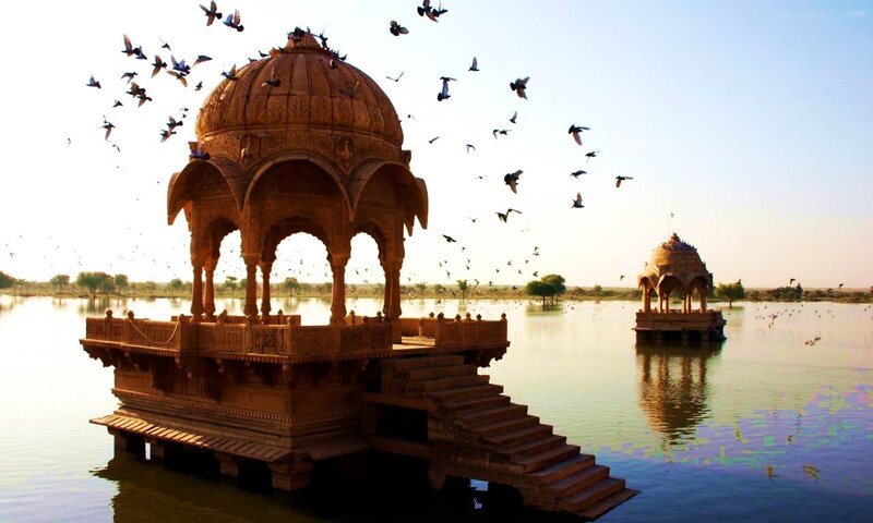 Stone Pavilions in Lake — Brown