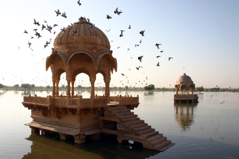 Stone Pavilions in Lake