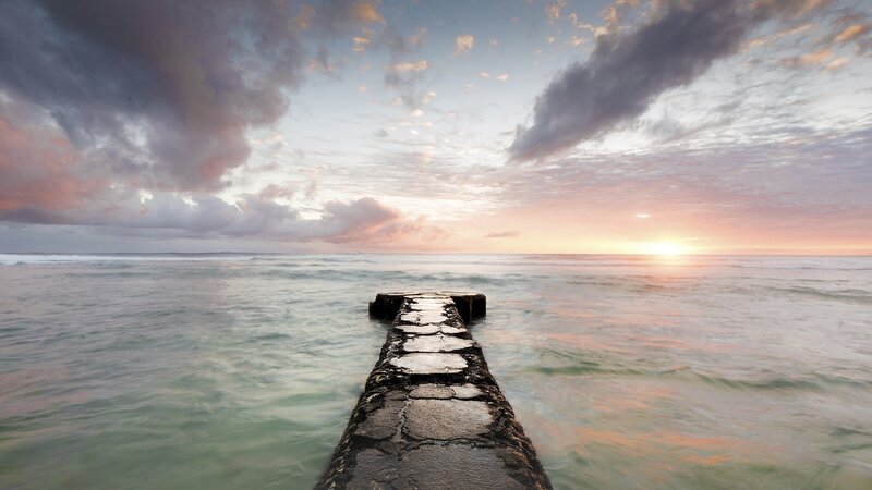 Stone Pier at Sunset — Blue, Serene, Photograph, Ocean, Sky