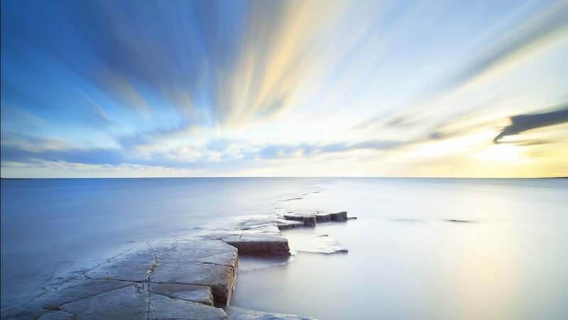 Stone Pier at Sunset — Blue, Serene, Photograph, Ocean