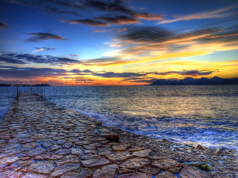 Stone Pier at Sunset — Blue, Serene, Photograph, Sea, Sky