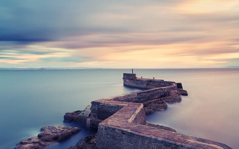 Stone Pier at Sunset — Blue, Serene, Photograph