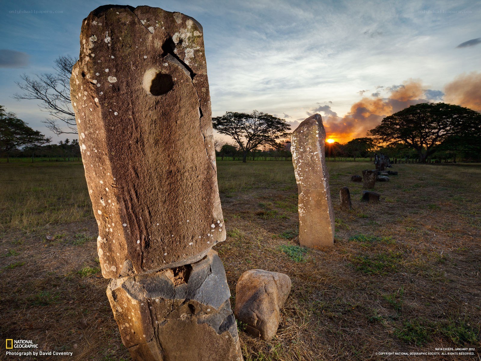 Stone pillars at sunset