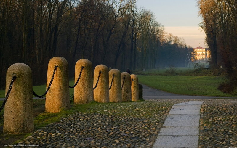 Stone pillars line a park path
