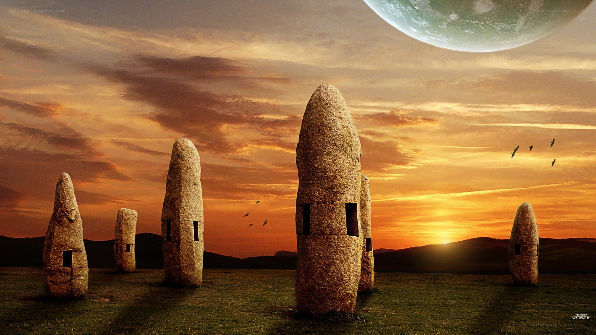 Stone pillars under alien sky