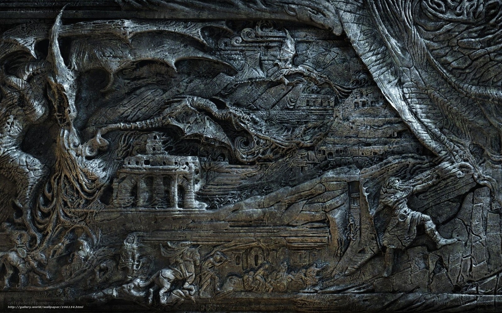 stone relief depicting dragon battle