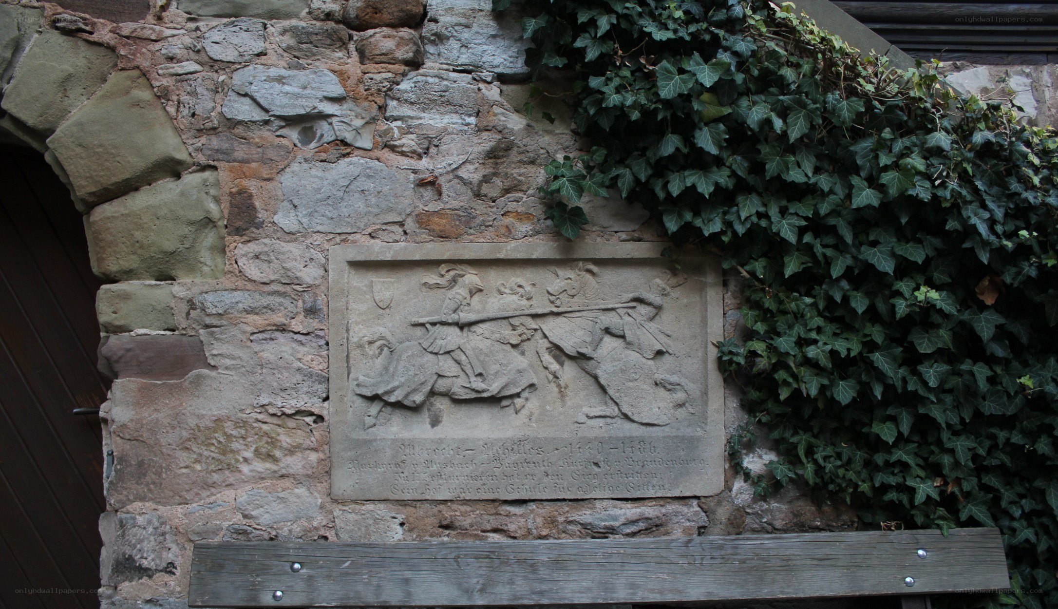 stone relief on ivy-covered wall