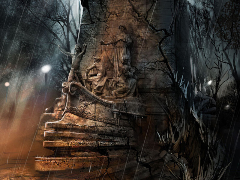 Stone Sculpture in Rain