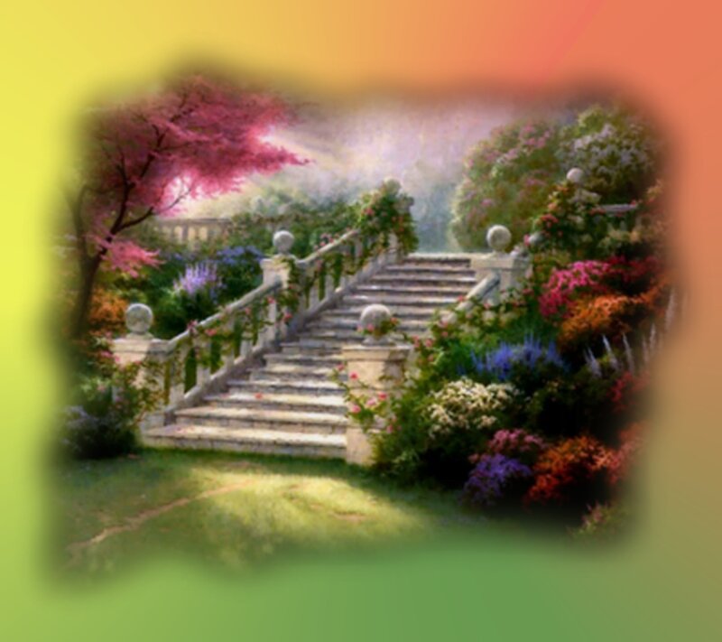 Stone Staircase in Garden — Green, Serene, Spring, Painting, Flowers