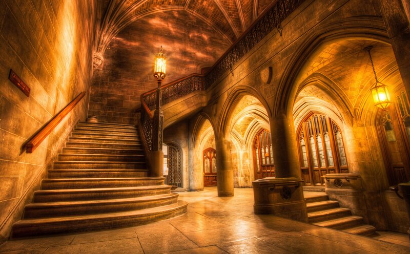 Stone Staircase in Hall — Brown, Dramatic