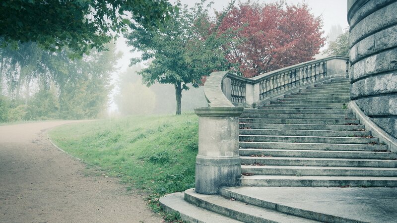 Stone Staircase in Park — Green, Misty