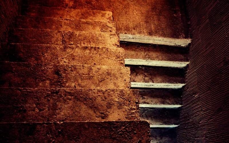 Stone Staircase in Tunnel — Brown, Dramatic, Photograph