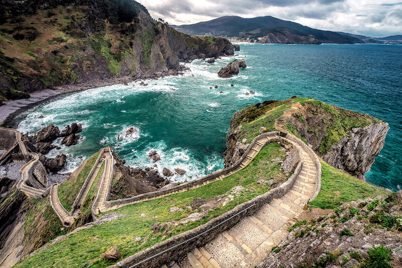 Stone Staircase on Cliff — Green, Dramatic, Afternoon, Photograph, Ocean, Rocks