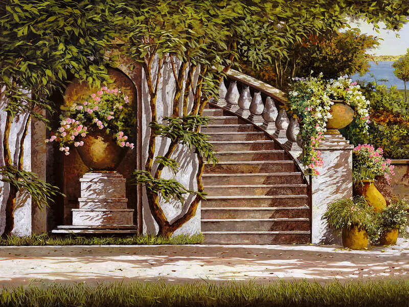 Stone Staircase with Flowers — Green
