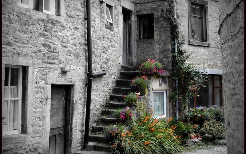 stone staircase with flowers