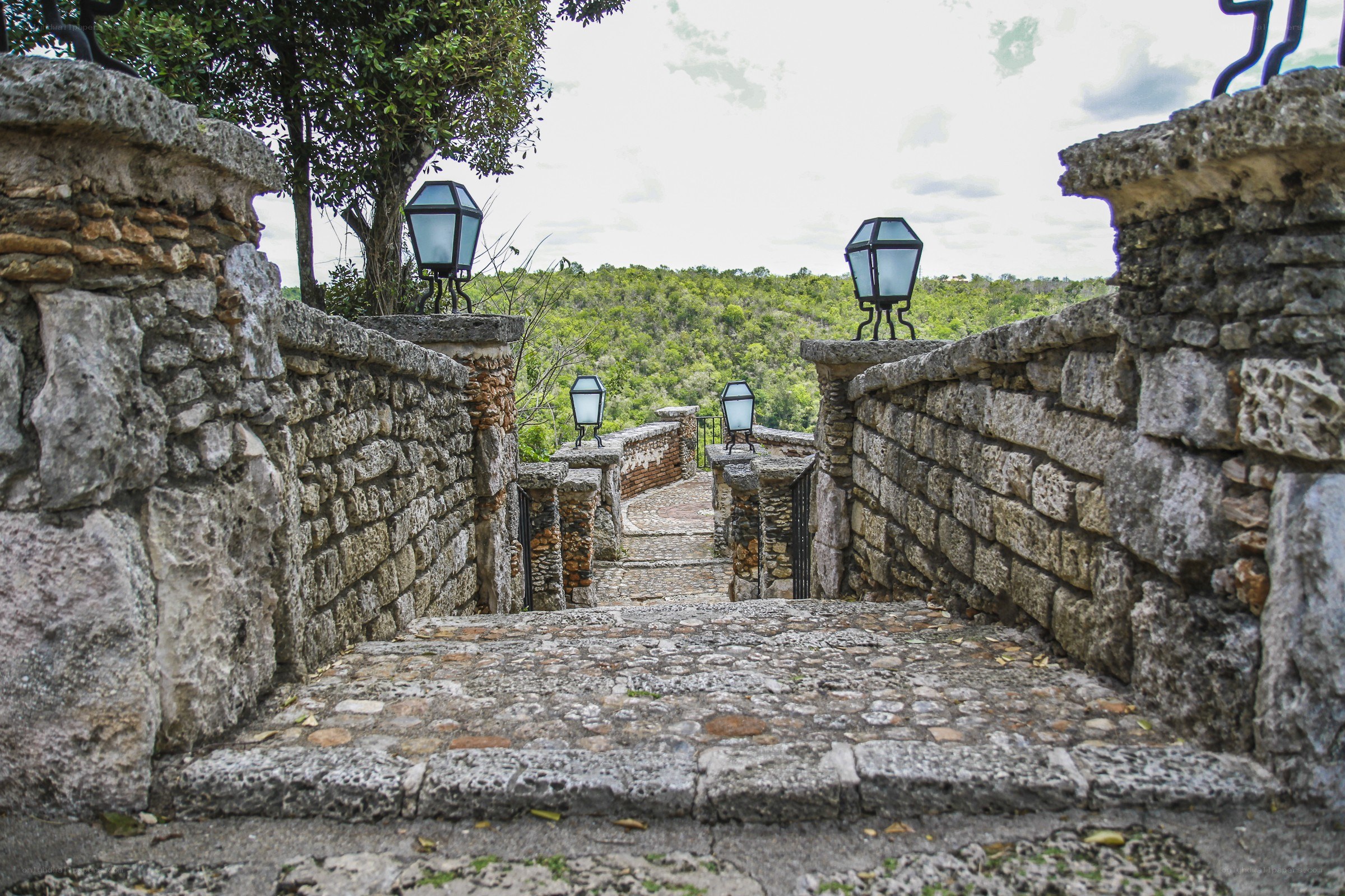 Stone staircase with lanterns