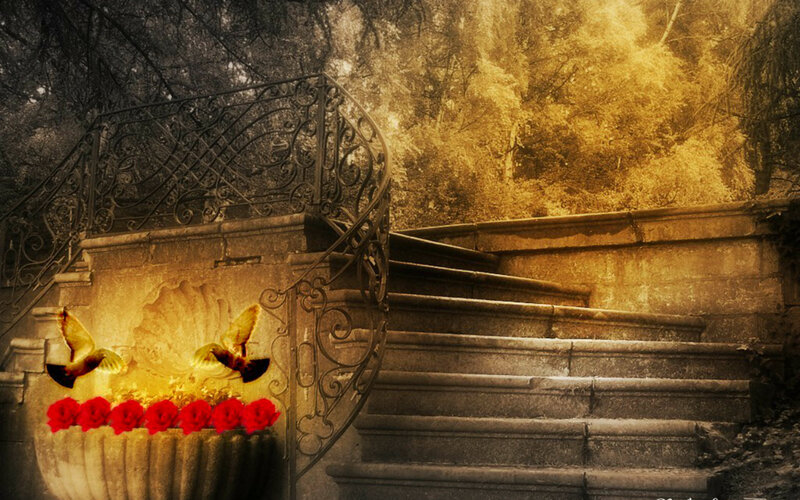 Stone Staircase with Roses — Brown