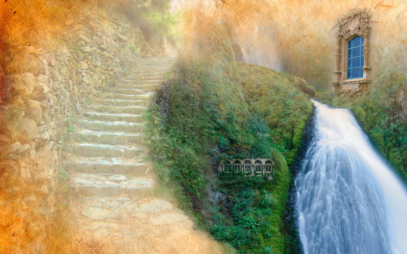 Stone Stairs and Waterfall — Green