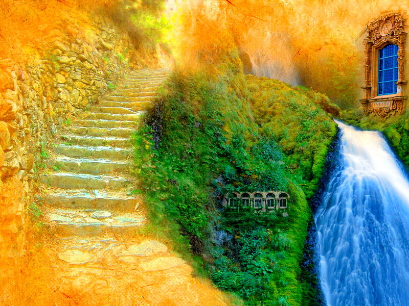 Stone Stairs and Waterfall