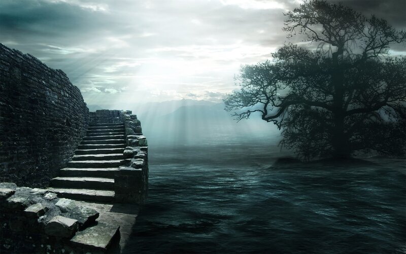 Stone Stairs by Water — Gray, Dramatic, Morning