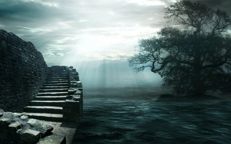 Stone Stairs by Water — Gray, Dramatic