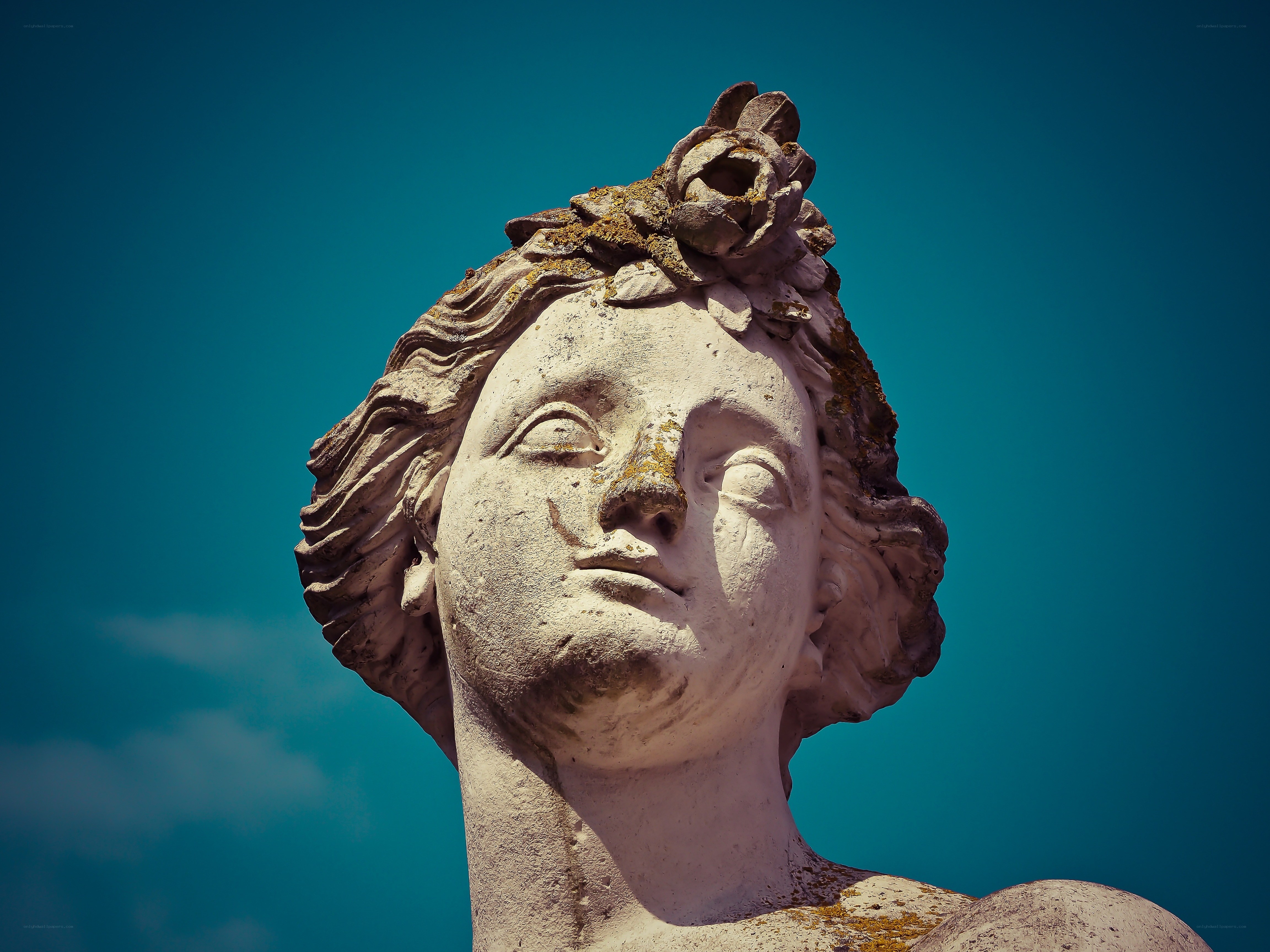 stone statue head against blue sky