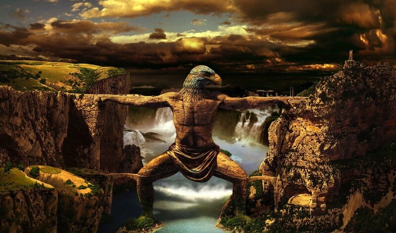 Stone Statue of Bird-headed Man — Brown, Dramatic