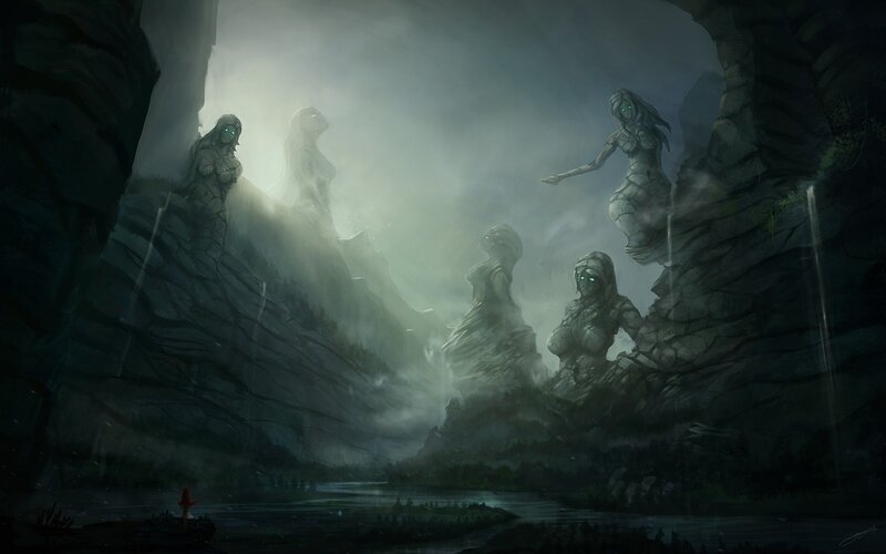 stone statues in a misty valley