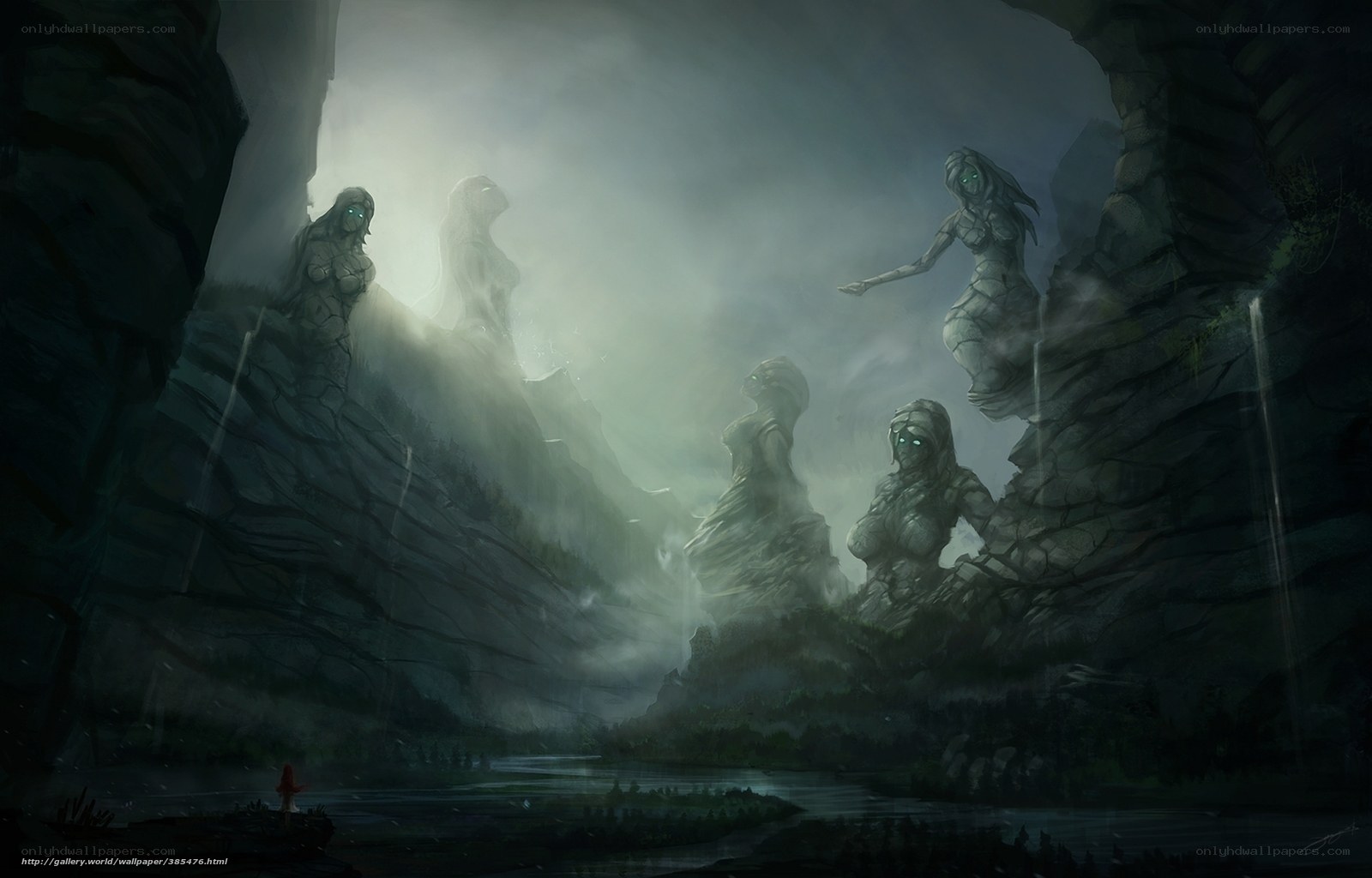 Stone Statues in a Misty Valley