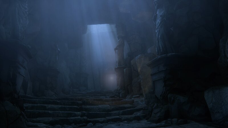 Stone Statues in Cave — Blue