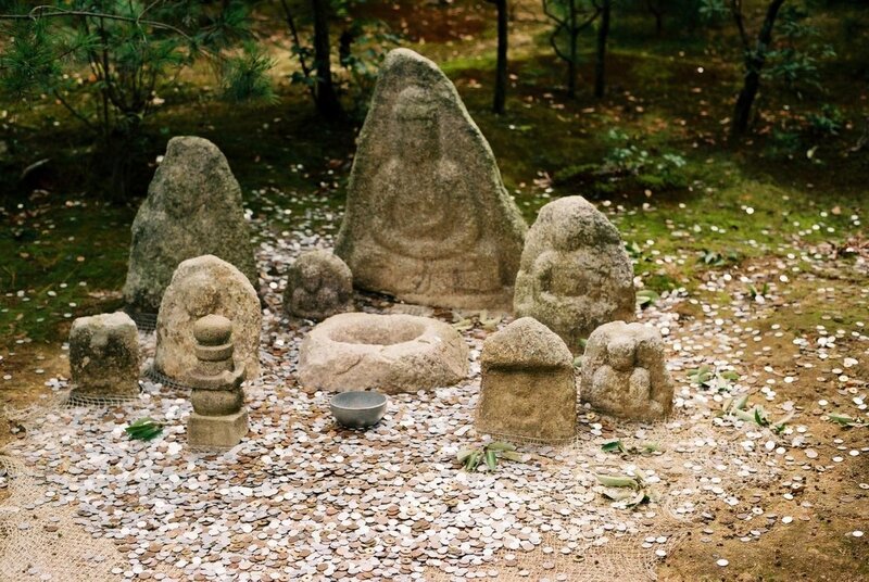 Stone Statues in Garden — Green, Serene, Spring