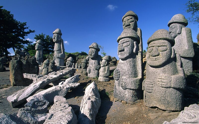 Stone Statues on Jeju Island — Blue