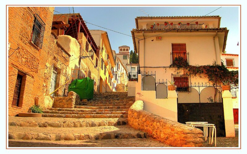 Stone steps in a sunlit village