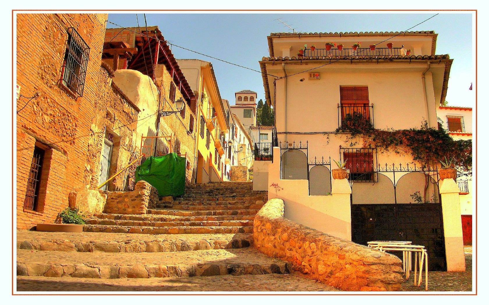 Stone steps in a sunlit village