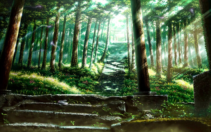Stone Steps in Forest — Green, Serene, Morning, Digital Art