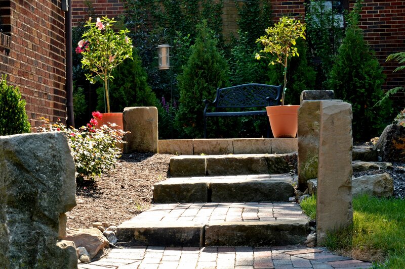Stone Steps in Garden — Green, Serene, Afternoon, Photograph, Bench