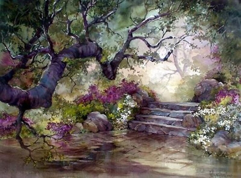 Stone Steps in Garden — Green, Serene, Morning