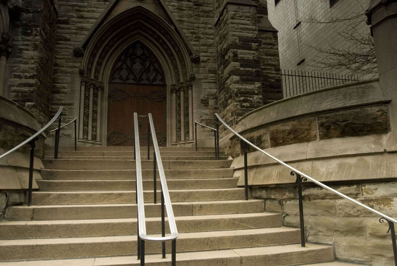 Stone steps leading to a church entrance
