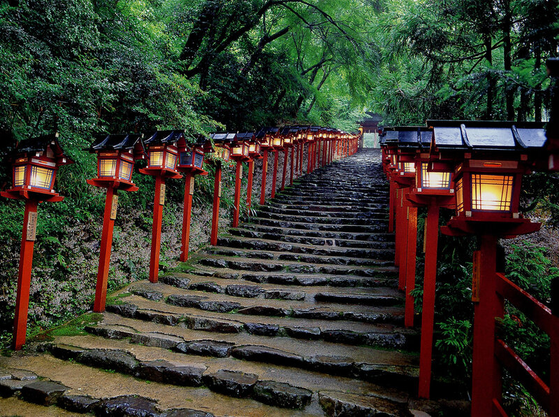 Stone steps lined with lanterns