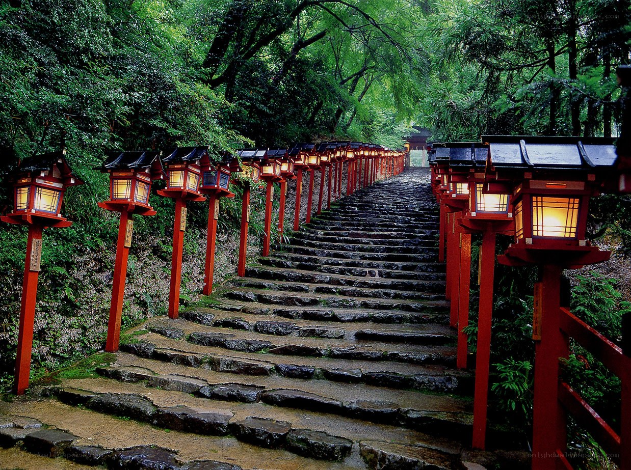 Stone steps lined with lanterns