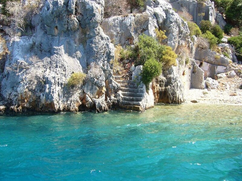 Stone Steps to Beach — Blue, Serene, Afternoon
