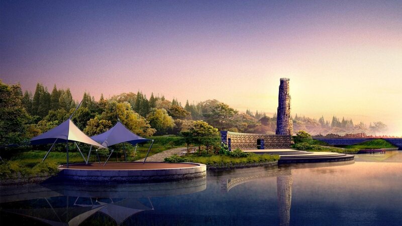 Stone Tower by Lake — Blue